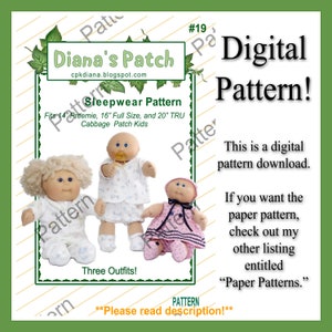 19. Sleepwear Nightgown PJs PDF Download Pattern For Cabbage Patch Kids Dolls - 3 Outfits, 3 Sizes - 14&quot; preemie 16&quot; full size 20&quot; tru