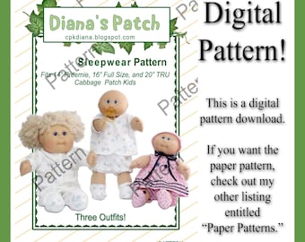 19. Sleepwear Nightgown PJs PDF Download Pattern For Cabbage Patch Kids Dolls - 3 Outfits, 3 Sizes - 14" preemie 16" full size 20" tru