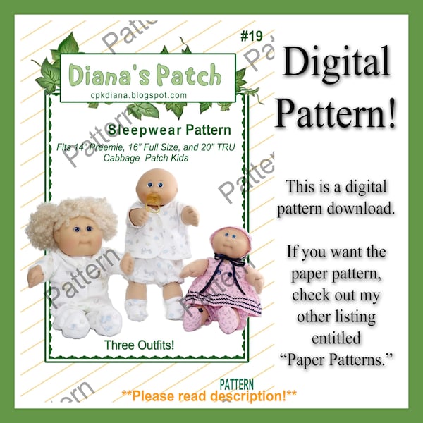 19. Sleepwear Nightgown PJs PDF Download Pattern For Cabbage Patch Kids Dolls - 3 Outfits, 3 Sizes - 14" preemie 16" full size 20" tru