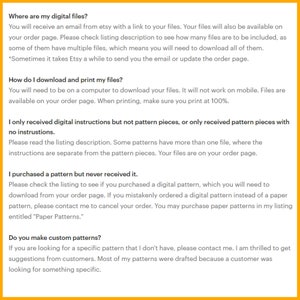 May include: A yellow background with black text providing answers to frequently asked questions about digital files, including how to download and print them, and what to do if a pattern is not received.