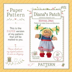 May include: A paper sewing pattern titled Diana's Patch #81 for a doll dress and bloomers. The cover features a blonde doll with pigtails, glasses, and a blue and white checkered dress. It includes step-by-step instructions and fits 16-inch dolls.