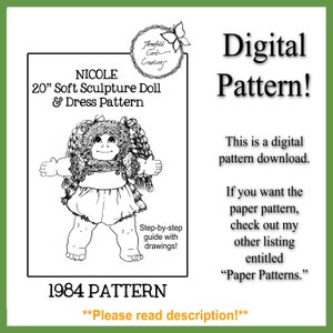 Op de afbeelding: Zwart-wit digitaal patroon voor een 50 cm zachte sculptuurpop en jurk. De afbeelding bevat een tekening van de pop, de tekst "NICOLE" en "1984 PATTERN". Dit is een digitale patroondownload.