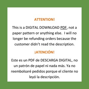 Może przedstawiać: Biały kwadrat z zieloną obw&oacute;dką zawiera tekst w języku angielskim i hiszpańskim. Tekst angielski brzmi "ATTENTION! This is a DIGITAL DOWNLOAD PDF...", a tekst hiszpański brzmi "&iexcl;ATENCI&Oacute;N! Este es un PDF de DESCARGA DIGITAL..."