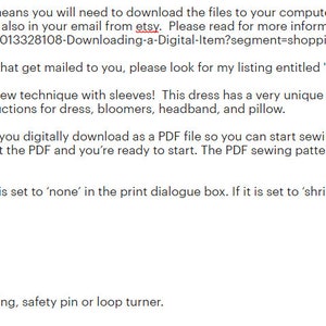May include: Text from a digital download listing for a Sweetheart Flutter Sleeve Dress sewing pattern. The pattern includes instructions for a dress, bloomers, headband, and pillow. Materials needed are listed, including fabric, elastic, and notions.