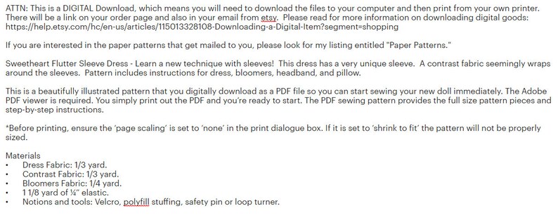 May include: Text from a digital download listing for a Sweetheart Flutter Sleeve Dress sewing pattern. The pattern includes instructions for a dress, bloomers, headband, and pillow. Materials needed are listed, including fabric, elastic, and notions.