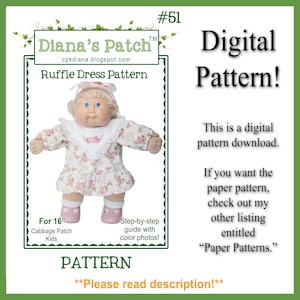 51. Ruffle Dress DIGITAL PDF PATTERN for 16&quot; Cabbage Patch Dolls similar - A-Line dress with contrast collar yoke & appliqué, trimmed lace