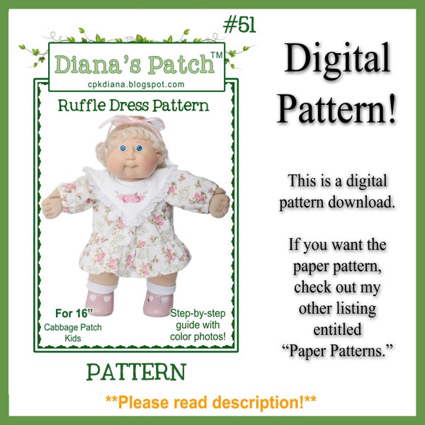 51. Ruffle Dress DIGITAL PDF PATTERN for 16" Cabbage Patch Dolls similar - A-Line dress with contrast collar yoke & appliqué, trimmed lace