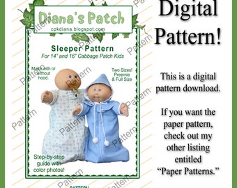 13. Snuggly Sleeper and Hood PDF DIGITAL PATTERN For 16" and 14" Preemie Cabbage Patch Kids Doll - Download, Print, Sew - Cuddly PJs Pajamas