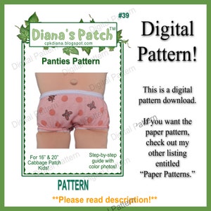 39. Digital PDF Panties Undies Underwear PATTERN for 16" and 20" Dolls such as Cabbage Patch Kids - Download