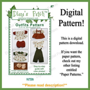 May include: A digital pattern for making outfits for 16-inch soft sculpture dolls. The pattern includes three styles of dresses, overalls, a shirt, socks, and shoes. The pattern comes with step-by-step instructions and colour photos.