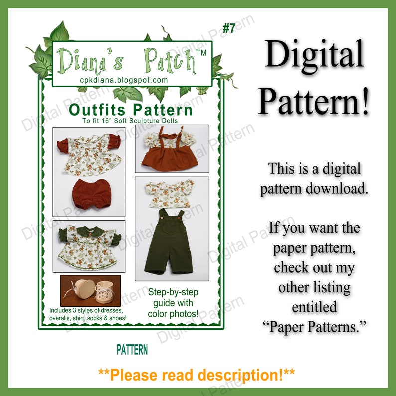 May include: Digital pattern for doll outfits. The image shows a green and white design with the text "Diana's Patch" and "Outfits Pattern." Includes step-by-step instructions with color photos for dresses, overalls, shirts, socks, and shoes.