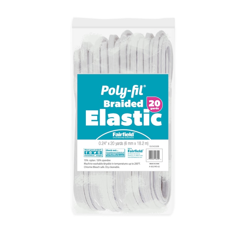 May include: A package of white Poly-fil braided elastic. The package has a teal and white label with the words "Poly-fil Braided Elastic" and "20 yards". The elastic measures 0.24" x 20 yards (6 mm x 18.2 m).