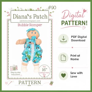 90 Schnittmuster als digitaler PDF-Download für 16-Zoll-Cabbage-Patch-Kids-Puppen – Bubble-Romper-Schnittmuster