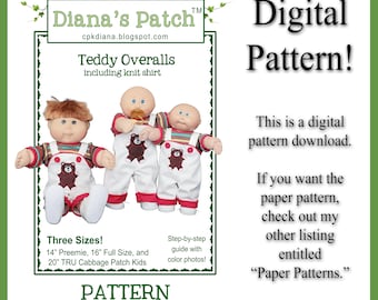02 Teddy Overalls Revised + Knit Shirt PDF DIGITAL Pattern ~ 3 Sizes! 14, 16" and 20" TRU cabbage patch kids dolls - {Download, Print, Sew}