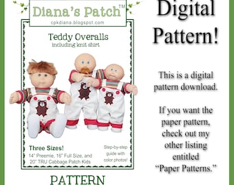 2. Teddy Overalls Revised + Knit Shirt PDF DIGITAL Pattern ~ 3 Sizes! 14, 16" and 20" TRU cabbage patch kids dolls - {Download, Print, Sew}