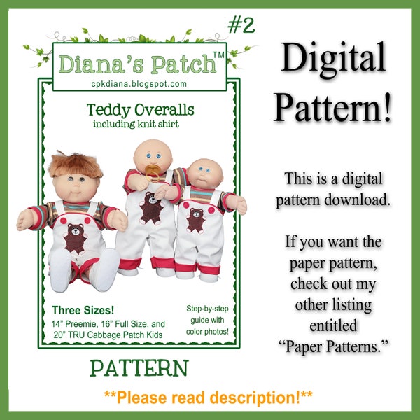 2. Teddy Overalls Revised + Knit Shirt PDF DIGITAL Pattern ~ 3 Sizes! 14, 16" and 20" TRU cabbage patch kids dolls - {Download, Print, Sew}