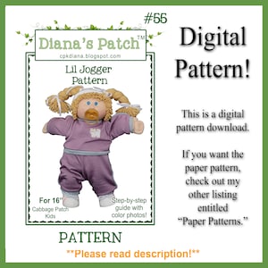 May include: A digital sewing pattern for a purple and yellow outfit for a 16-inch Cabbage Patch Kids doll. The pattern includes step-by-step instructions with color photos. "Lil Jogger Pattern" and "Diana's Patch" are written on the image.