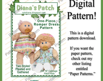 14. One-Piece Romper Dress PDF DIGITAL PATTERN For 16&quot; Cabbage Patch Kids Dolls - Download, Print, Sew - Super cute and popular!
