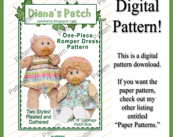 14. One-Piece Romper Dress PDF DIGITAL PATTERN For 16" Cabbage Patch Kids Dolls - Download, Print, Sew - Super cute and popular!