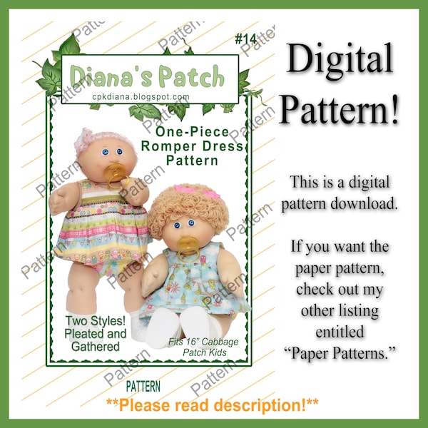 14. One-Piece Romper Dress PDF DIGITAL PATTERN For 16" Cabbage Patch Kids Dolls - Download, Print, Sew - Super cute and popular!