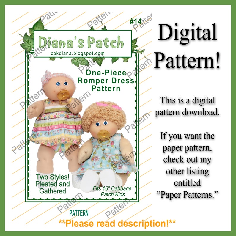 Pode incluir: Padr&atilde;o digital para um vestido-macac&atilde;o de uma pe&ccedil;a, projetado para Cabbage Patch Kids de 40,6 cm. A imagem mostra duas bonecas usando os vestidos, com op&ccedil;&otilde;es de estilos plissados e franzidos. O padr&atilde;o &eacute; de Diana's Patch.