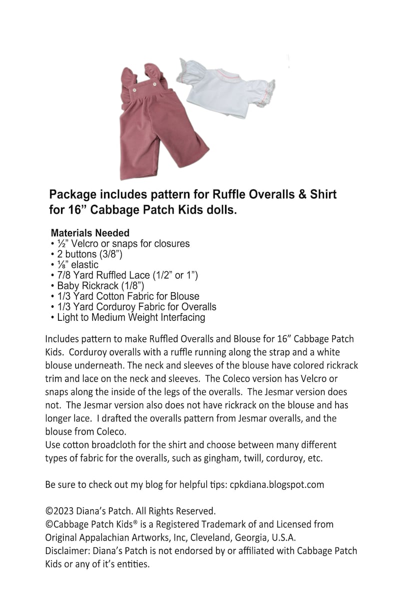 52. Ruffled Overalls DIGITAL PDF PATTERN for 16 Cabbage Patch Dolls or similar image 3