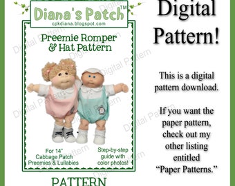 40.  Preemies Romper and Hat Digital PDF  PATTERN for 14" Dolls such as Cabbage Patch Kids Preemies and Lullabies - Download