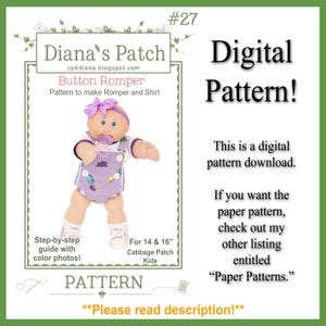 May include: A digital pattern for a doll's button romper and shirt, featuring a doll with a purple headband and a purple-and-white striped romper with a colorful print. The text includes Diana's Patch, Button Romper, and For 14 & 16" Cabbage Patch Kids.