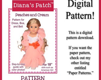 72 Peaches and Cream Pattern Digital Download PDF for 18" Dolls - Sweetheart Bodice Ruffled Dress, Boa, Belt