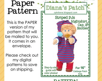 62. Striped PJs PAPER PATTERN for 16" Cabbage Patch Dolls Nightshirt Cap Booties