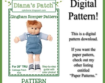 49. DIGITALT MÖNSTER FÖR Gingham-sparkdräkter till 50 cm TRU Cabbage Patch-dockor eller liknande - Mönster för skjorta och sparkdräkt