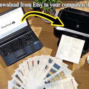 Pode incluir: Um laptop exibindo uma p&aacute;gina de download do Etsy conectado a uma impressora. A imagem mostra o texto "Digital Download from Etsy to your computer, then print!" e uma pilha de p&aacute;ginas impressas, junto com uma x&iacute;cara de caf&eacute;.