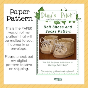 May include: A paper pattern for doll shoes and socks. The pattern includes a step-by-step guide with color photos. The image shows a pair of doll shoes with white laces. The text on the image says "Diana's Patch" and "Doll Shoes and Socks Pattern".