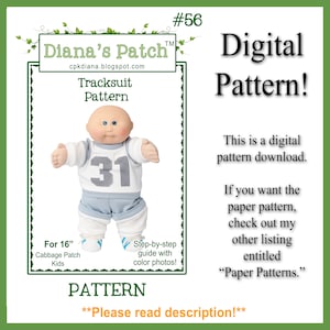 May include: A digital pattern for a tracksuit for a 16-inch Cabbage Patch Kids doll. The pattern includes a step-by-step guide with color photos. The pattern is available as a digital download. The image shows a Cabbage Patch Kids doll wearing a white and gray tracksuit with the number 31 on the front.