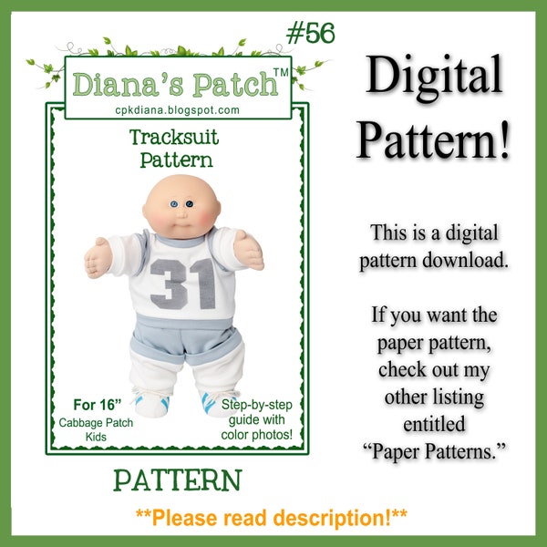 56. Tracksuit DIGITAL PDF PATTERN for 16" Cabbage Patch Dolls or similar