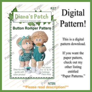 Puede incluir: Un patrón digital para un pelele con botones para muñecas Cabbage Patch Kids de 30 cm y 40 cm. El patrón incluye instrucciones paso a paso con fotos en color. El patrón está disponible para descargar digitalmente. **¡Por favor, lea la descripción!**