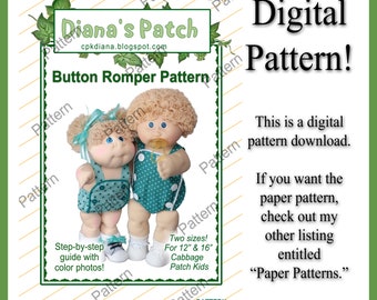 27. Button Romper DIGITAL PDF PATTERN - 2 sizes! 16" & 12-14” preemie/lullaby Cabbage Patch Kids Dolls - replica - Download, Print, Sew