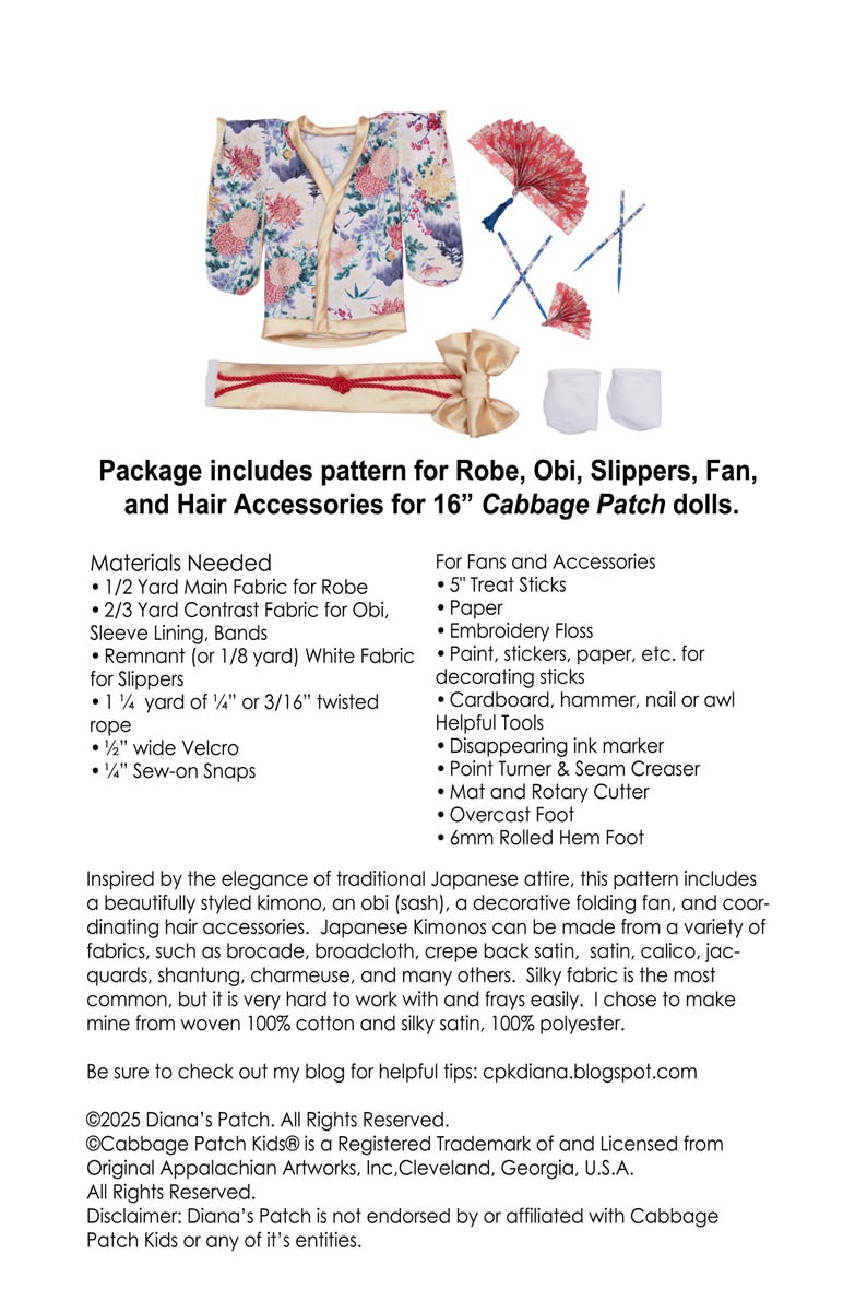 Op de afbeelding: Een naaipatroon voor een Cabbage Patch pop van 40,6 cm bevat een kimono, obi, slippers, waaier en haaraccessoires. De kimono is wit met een bloemenpatroon. Accessoires zijn een waaier, obi en slippers.