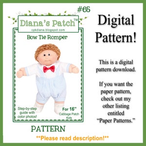 Könnte beinhalten: Ein digitales Schnittmuster für einen Schleifchen-Strampler für eine 40,6 cm große Cabbage Patch Kids Puppe. Das Schnittmuster enthält eine Schritt-für-Schritt-Anleitung mit Farbfotos.  "#65 Diana's Patch TM cpkdiana.blogspot.com Digitales Schnittmuster! Dies ist ein digitaler Schnittmuster-Download. Wenn Sie das Papier-Schnittmuster wünschen, schauen Sie sich meine andere Liste mit dem Titel "Papier-Schnittmuster" an. **Bitte lesen Sie die Beschreibung!**"