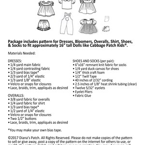 May include: A pattern for doll clothes, including dresses, bloomers, overalls, a shirt, shoes, and socks. The pattern is designed to fit approximately 16-inch dolls. The image shows illustrations of the clothing items and a list of required materials.