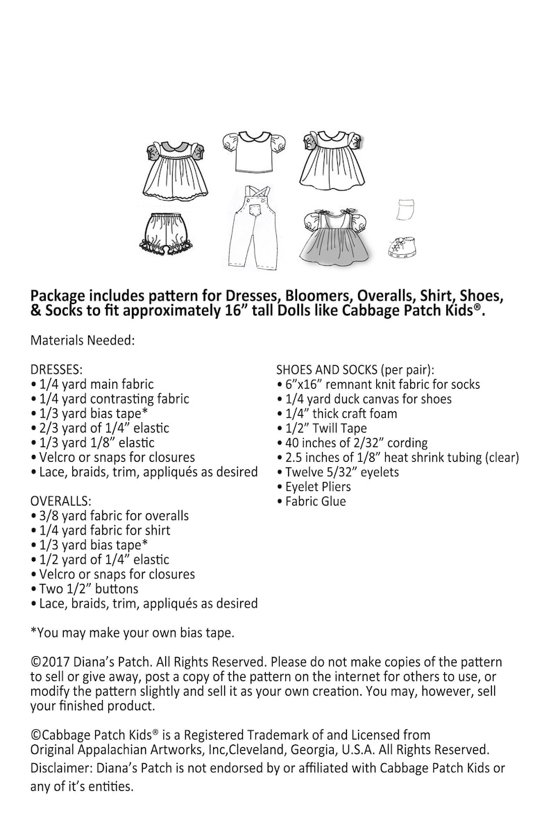 May include: A pattern for doll clothes, including dresses, bloomers, overalls, a shirt, shoes, and socks. The pattern is designed to fit approximately 16-inch dolls. The image shows illustrations of the clothing items and a list of required materials.