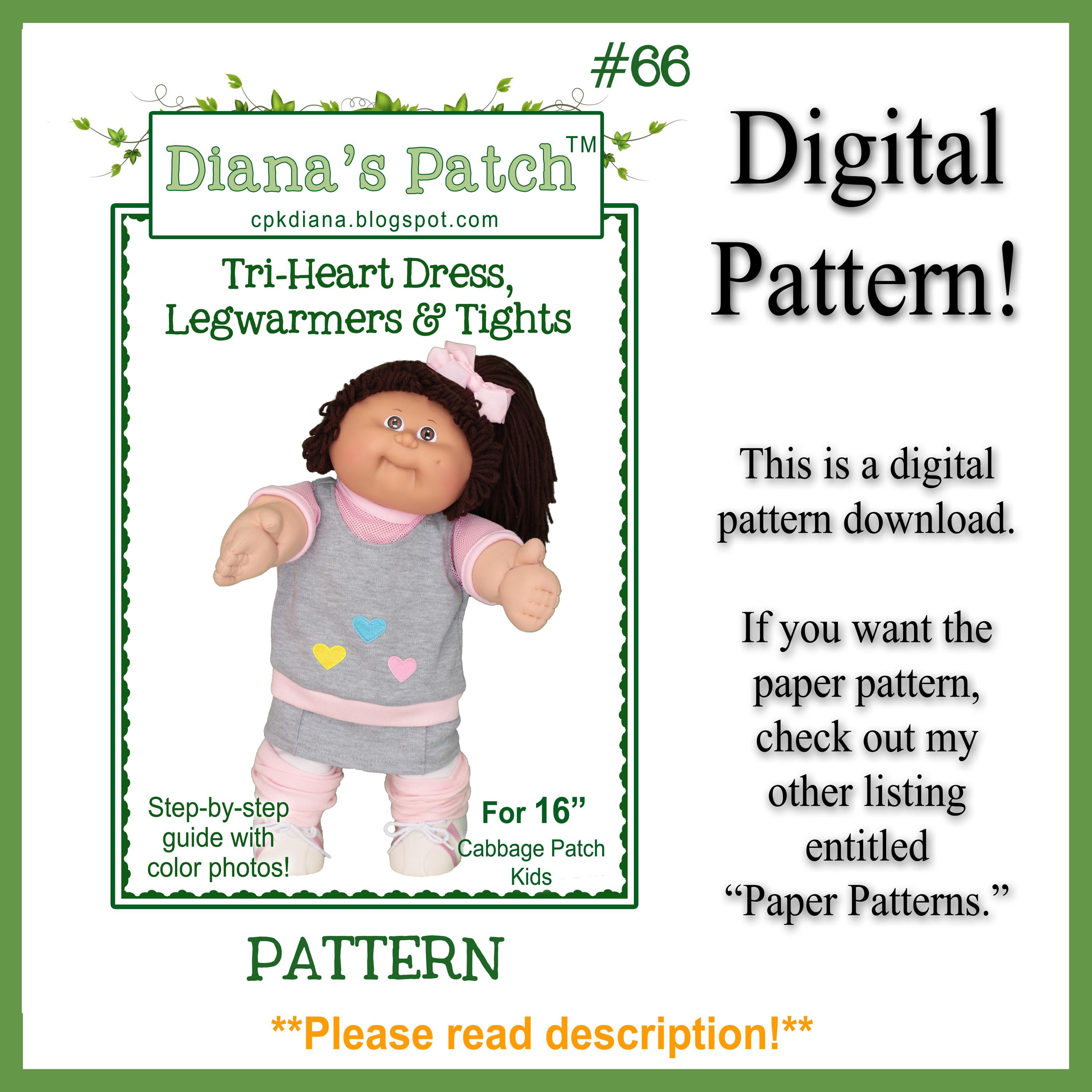 66 Tri-Heart Dress, Tights, & Leg Warmers DIGITAL PDF PATTERN for 16" Cabbage Patch Dolls or Similar