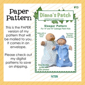 13. Snuggly Sleeper and Hood PAPER PATTERN For 16&quot; and 14&quot; Preemie Cabbage Patch Kids Dolls Cuddly PJs Pajamas