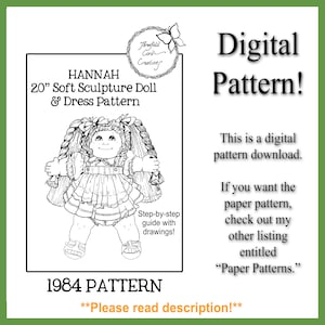 Puede incluir: Patrón digital en blanco y negro para una muñeca y un vestido de escultura blanda de 50,8 cm, etiquetado como "HANNAH". La imagen incluye un dibujo de la muñeca, el texto "Digital Pattern!" y "1984 Pattern."