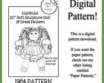 HANNAH 1984 Vintage 20" Scultura morbida bambola di stoffa Modello Ragazzo Ragazza come toppa di cavolo Modello PDF digitale Creazioni di cordone triplo