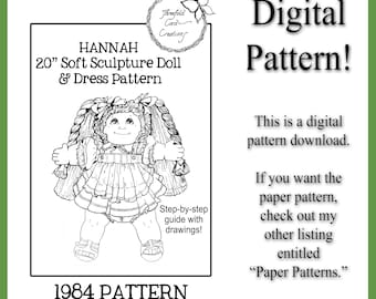 HANNAH 1984 Vintage 20” Soft Sculpture Cloth Doll Pattern Boy Girl Like Cabbage Patch Digital PDF Pattern Threefold Cord Creations