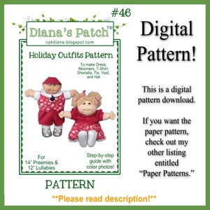 May include: Digital pattern for holiday outfits, including dress, bloomers, and more, for 14" Preemies and 12" Lullabies dolls. The image features two dolls in red outfits, with the text "Diana's Patch" and "Digital Pattern!"