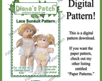 28. Lace Sunsuit Romper DIGITAL PDF PATTERN - 2 sizes! 16" & 12"-14” preemie/lullaby Cabbage Patch Kids Dolls - Download, Print, Sew Jumper