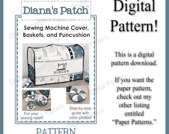 41. Sewing Room Accessories PDF Download Pattern to make Sewing Machine Cover, Fabric Baskets, and Round Pedal Pincushion for sewing room!