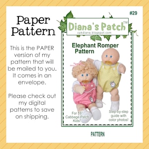 Op de afbeelding: Een papieren patroon voor een olifantenromper voor 40 cm Cabbage Patch Kids poppen. Het patroon bevat een stapsgewijze handleiding met kleurenfoto's. De tekst op de afbeelding luidt "Paper Pattern" en "Diana's Patch".